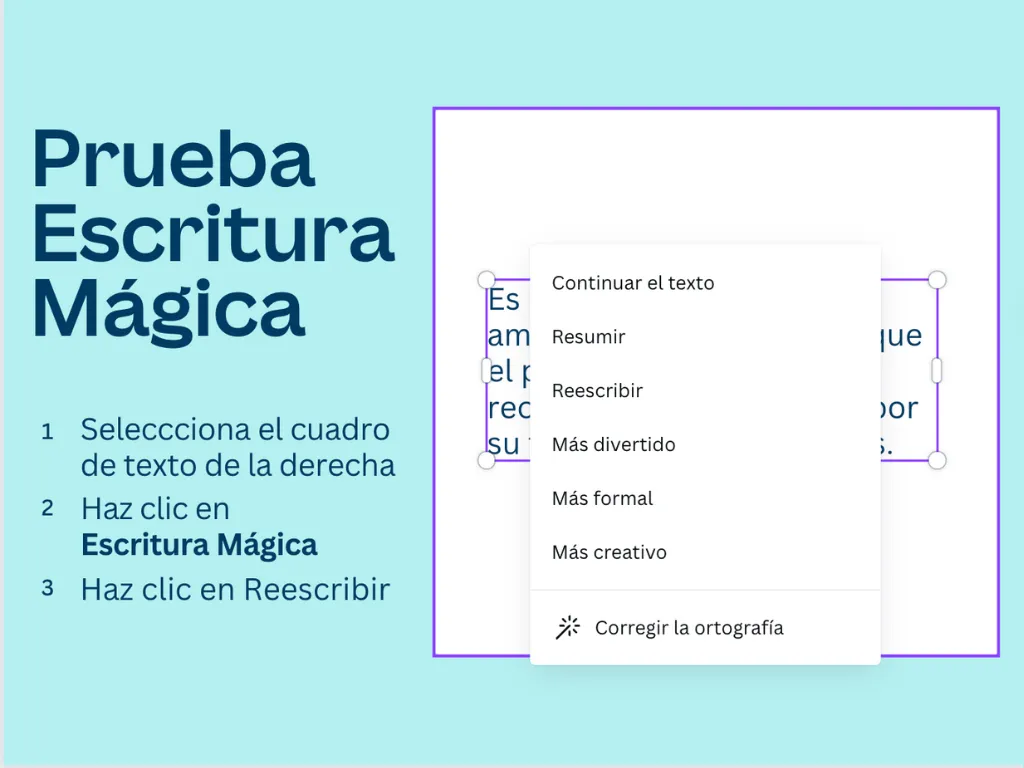 Cuadro de texto con opciones para procesar el texto con IA. Las opciones son: 