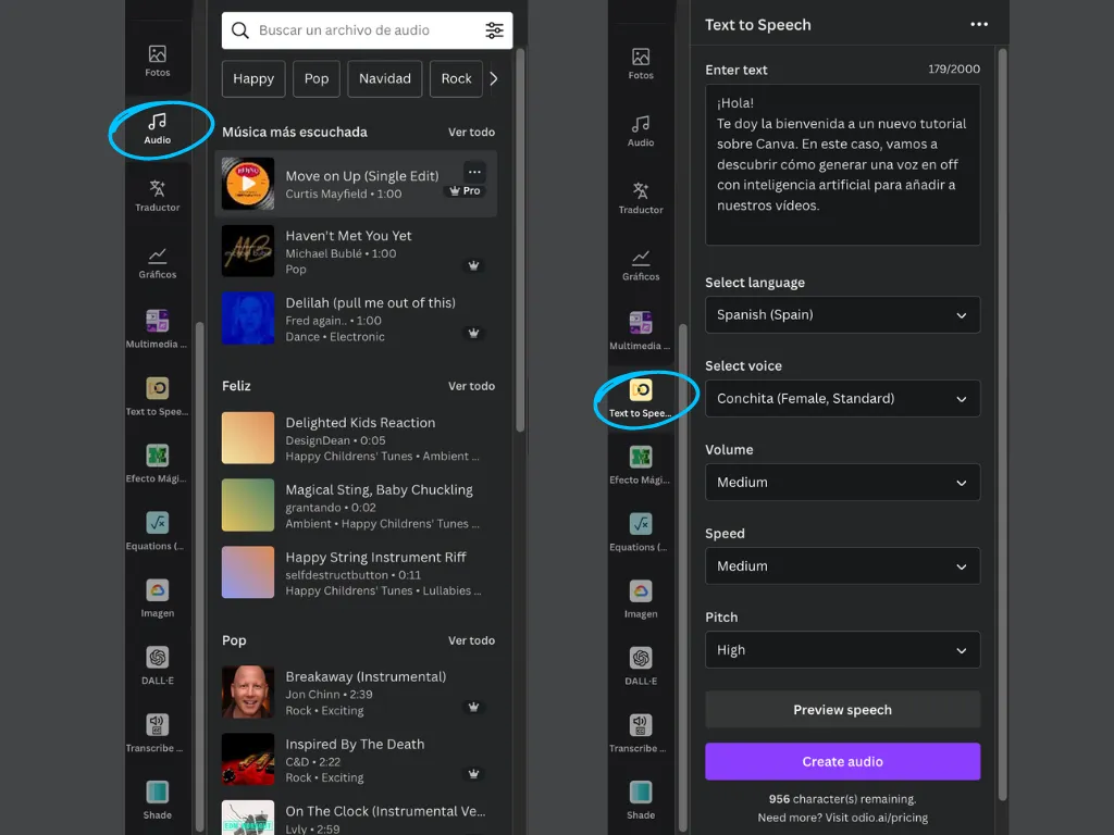 Pestañas dentro del editor de Canva, desde donde puedes añadir pistas de música de su librería o bien genera un audio con inteligencia artificial