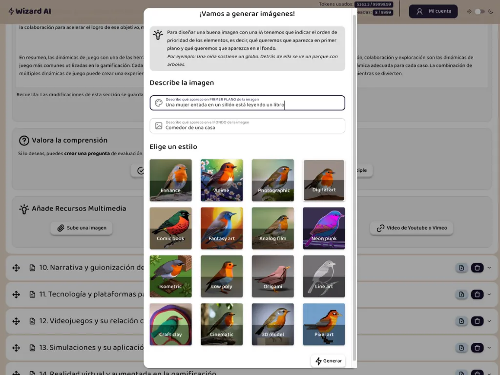 Generar imágenes con prompt y estilo en Wizard AI