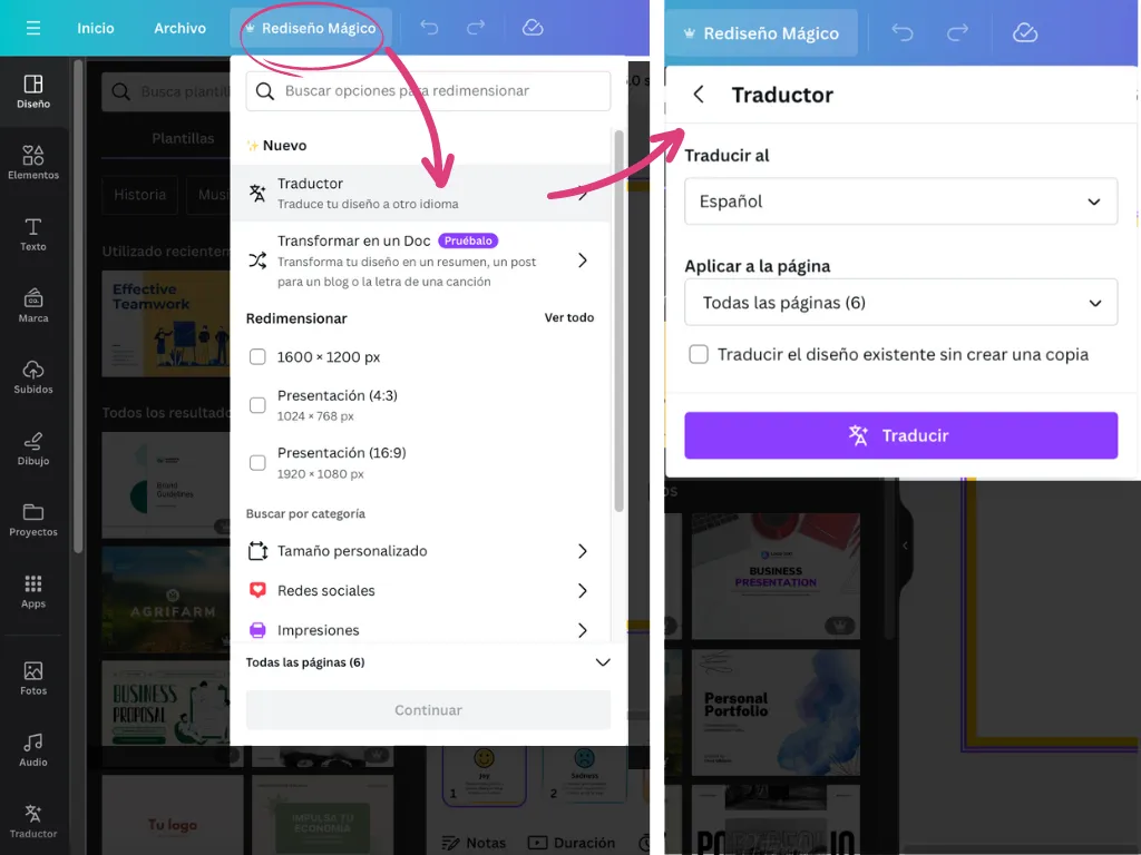 Pestaña dentro del editor de Canva que te permite traducir los proyetos