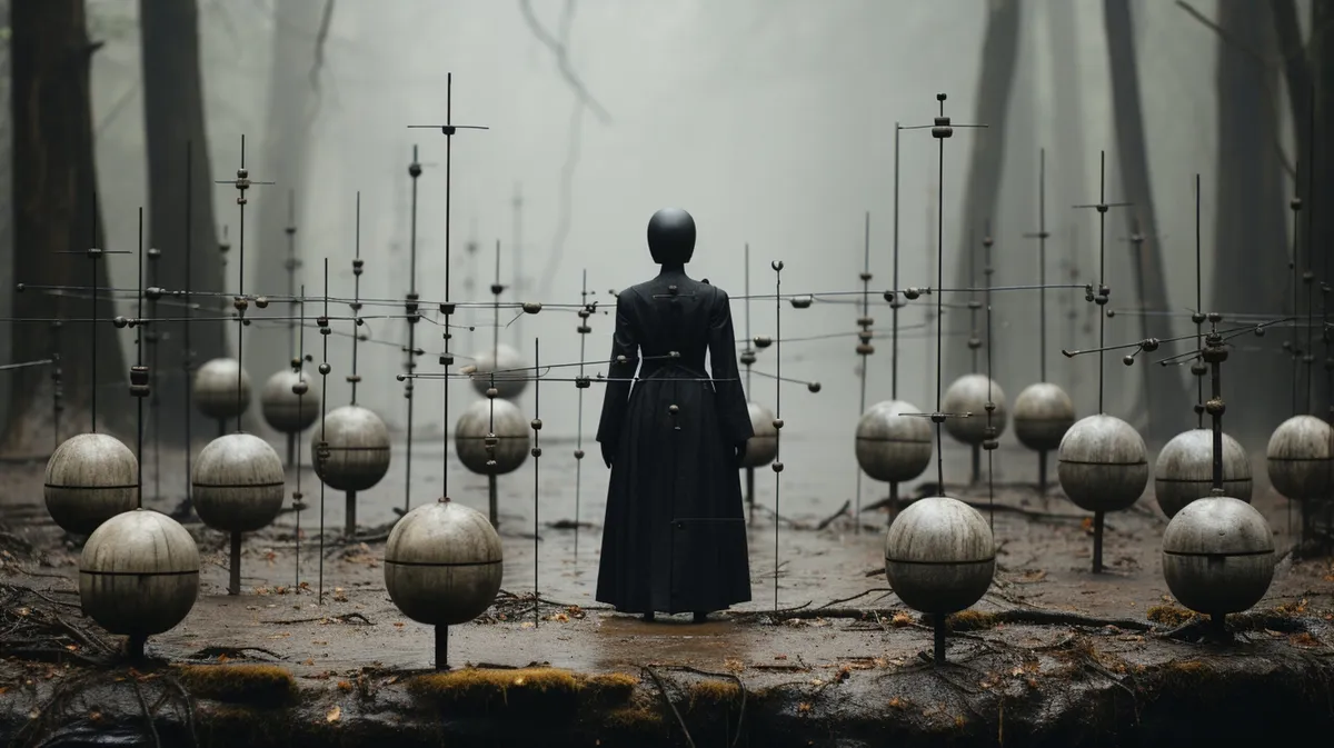 Persona de pie en un bosque neblinoso, está de espaldas a la cámara y viste una larga gabardina negra. Alrededor de la figura hay una serie de estructuras extrañas: esferas metálicas montadas sobre postes verticales de diferentes alturas, cada una con varillas que se extienden en diversas direcciones y cuentas en sus extremos.