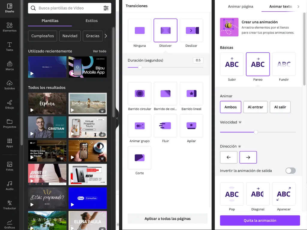 Plantillas para vídeo, opciones de transiciones y animaciones de texto para crear un vídeo