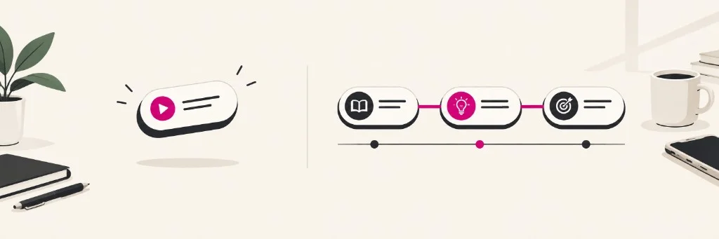 Escritorio con píldora snackable a la izquierda y secuencia de tres nodos de microlearning (libro, idea, objetivo) conectados al centro