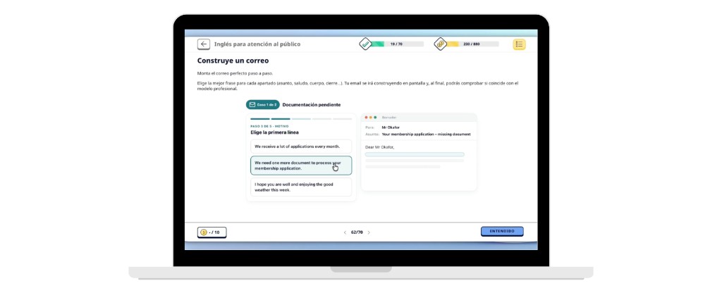 Interactiu en un curs Snackson: construir un correu en anglès per a atenció al públic