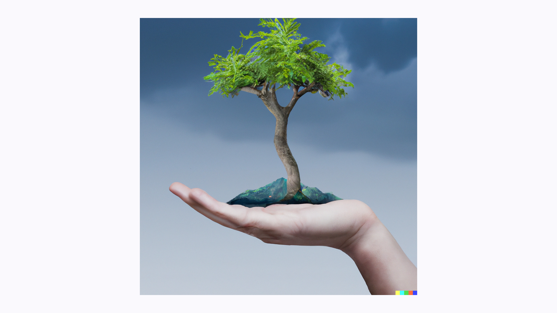 Mano sosteniendo árbol. DALL-E2. Inteligencia artificial para ser más creativos.